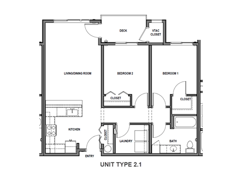 Floor plan for 2 beds, 1 bath, 975 sqft
